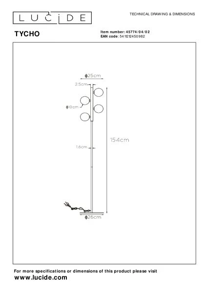 Lucide TYCHO - Vloerlamp - 4xG9 - Mat Goud / Messing - technisch